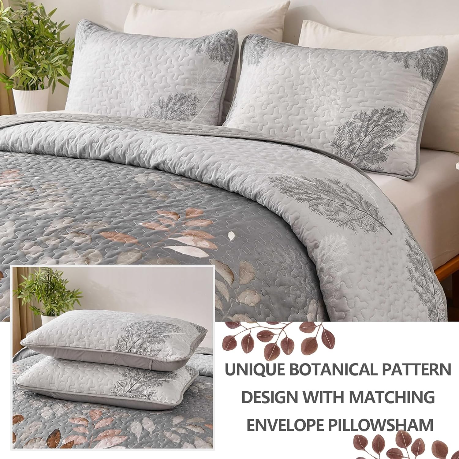 Rust Grey Floral 3-Piece Reversible Bedspread Set
