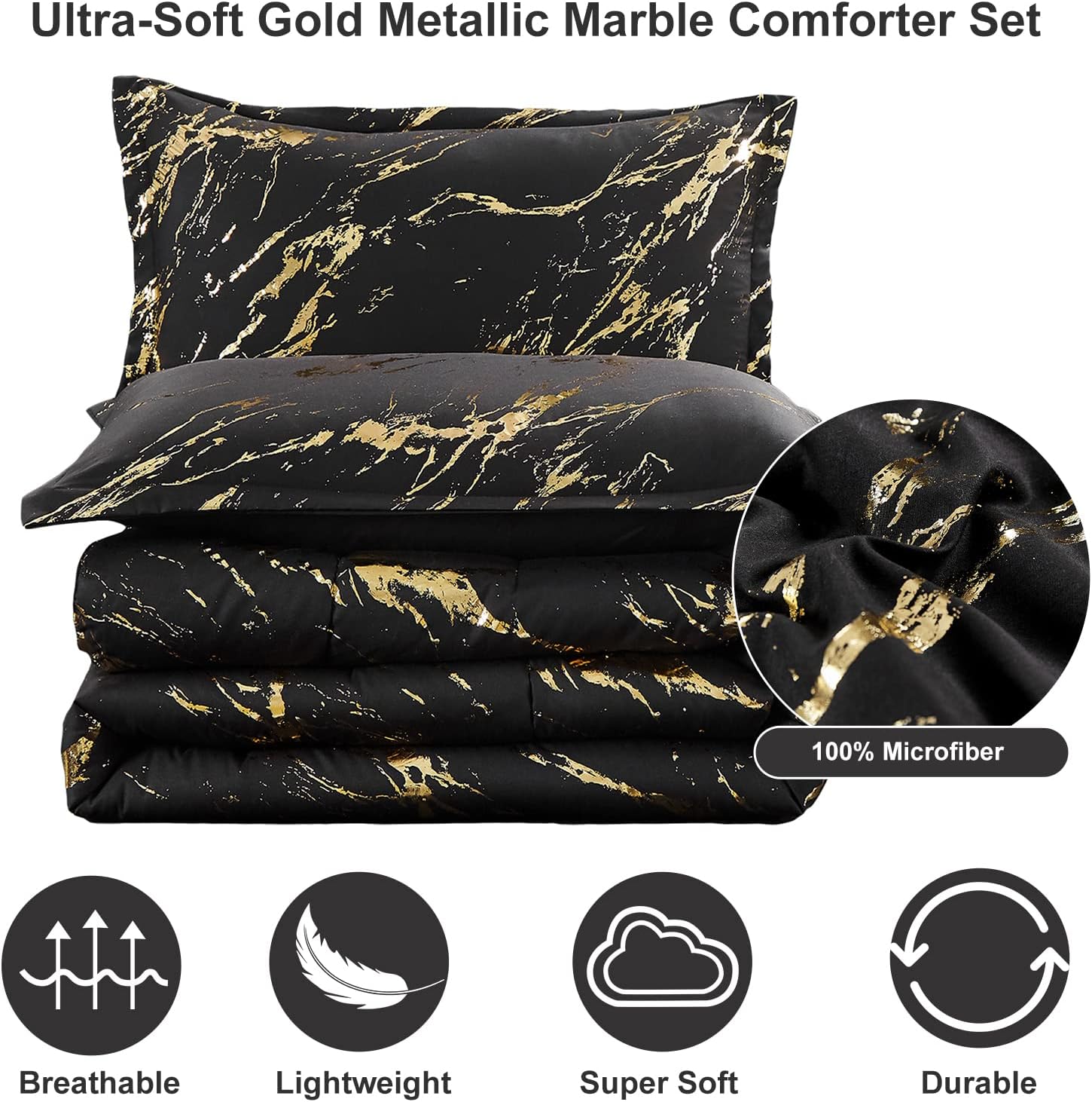 Black and Gold Metallic Marble Comforter Set – King, 3-Piece