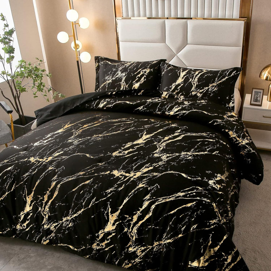 Black and Gold Metallic Marble Comforter Set – King, 3-Piece