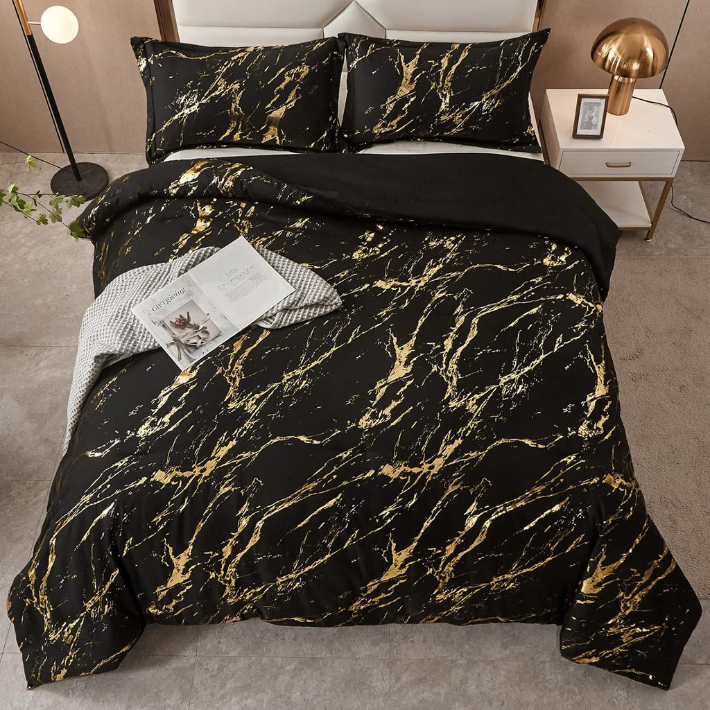 Black and Gold Metallic Marble Comforter Set – King, 3-Piece