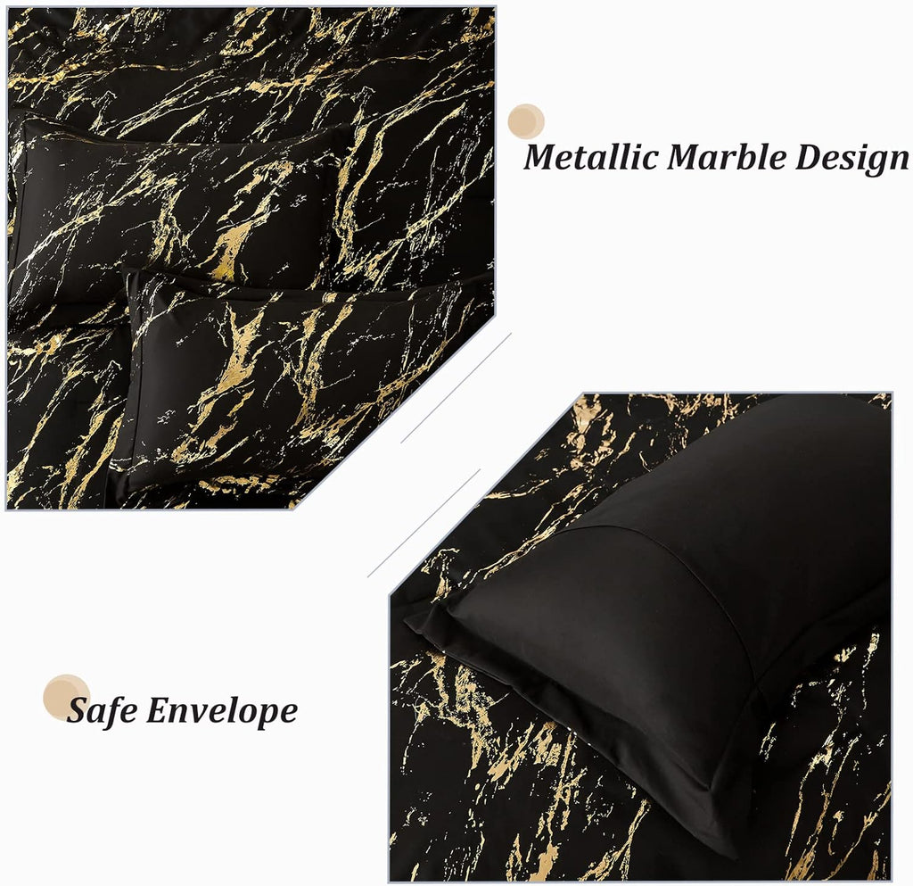 Black and Gold Metallic Marble Comforter Set – King, 3-Piece
