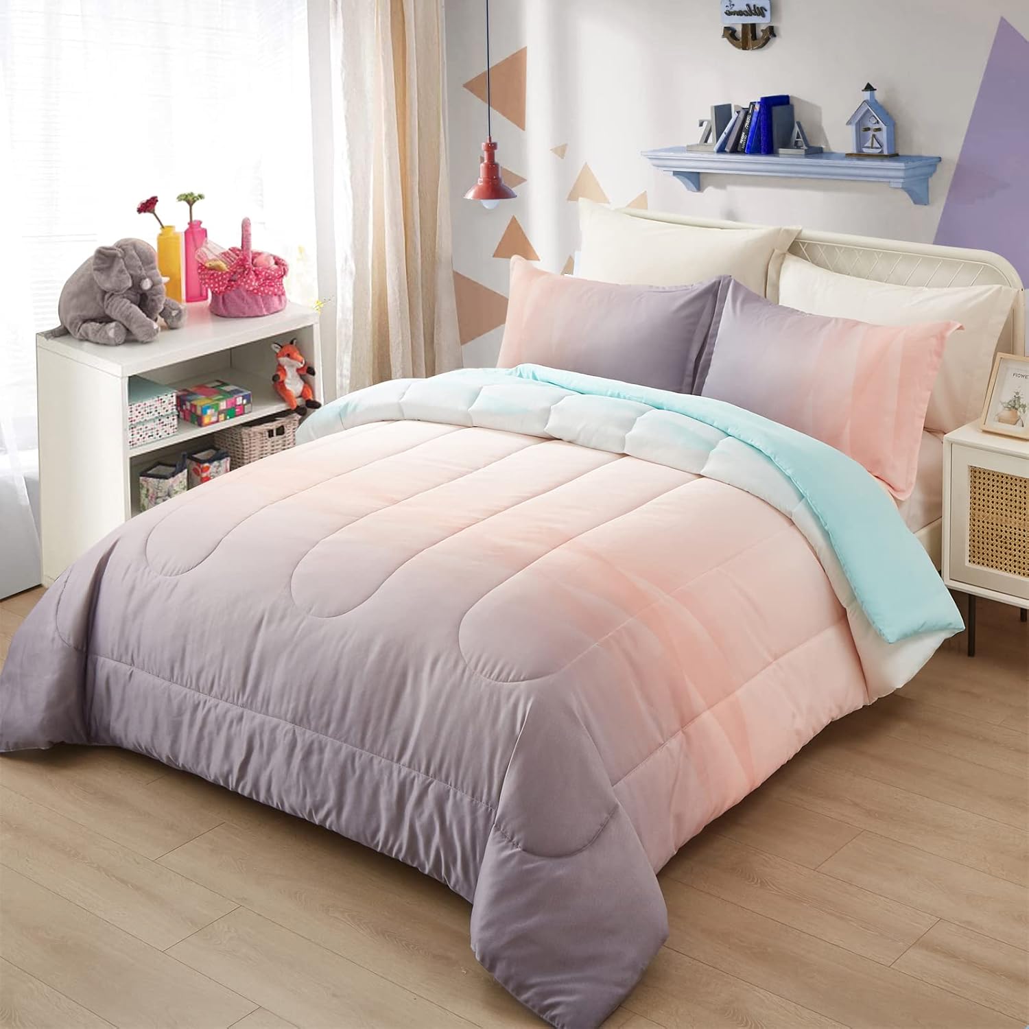 Ombre Blue and Pink Rainbow Comforter Set – Queen, 3-Piece