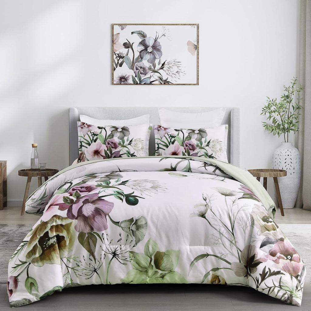Green Floral Comforter Set – King, 3-Piece