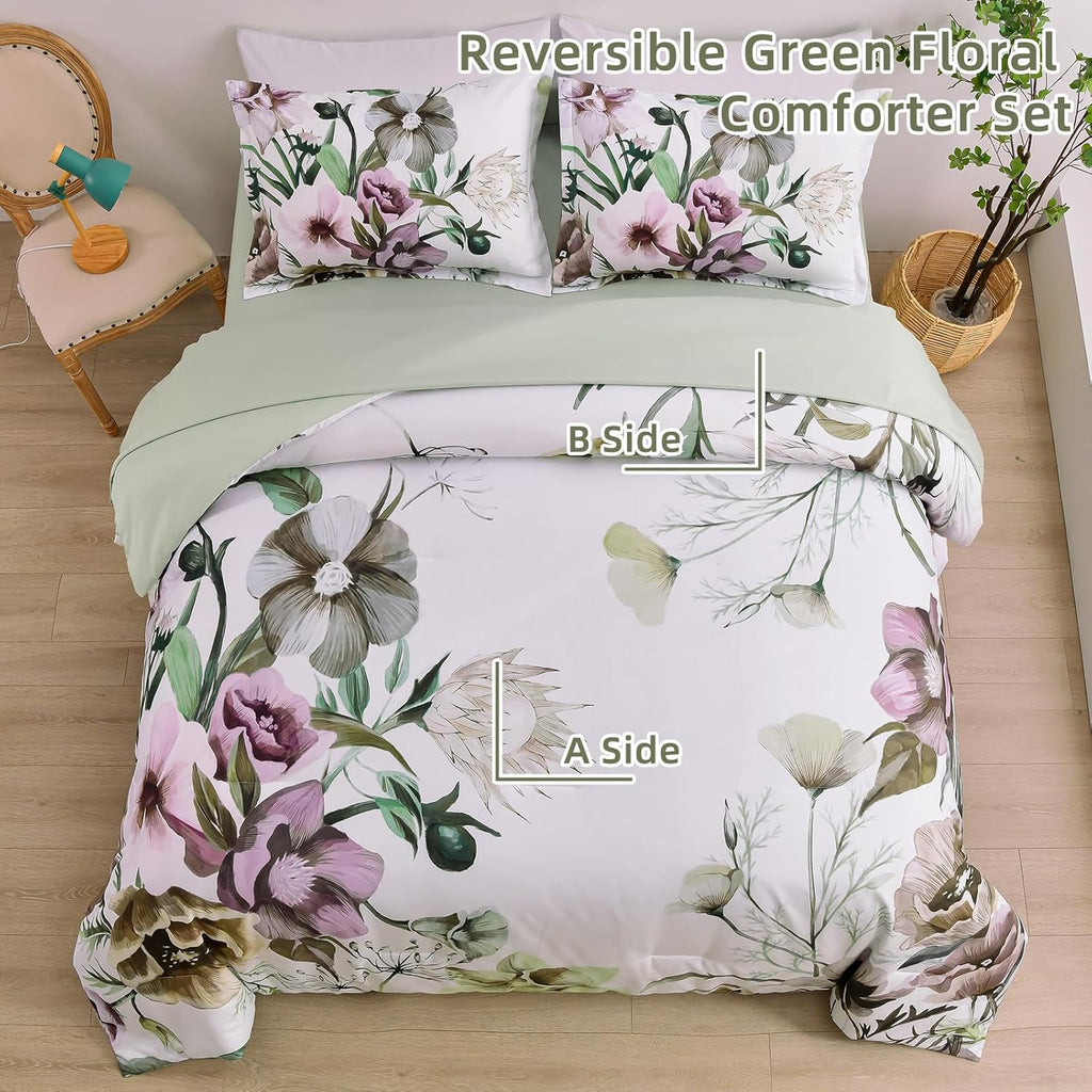 Green Floral Comforter Set – King, 3-Piece