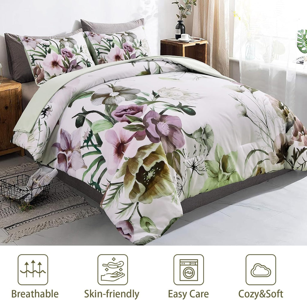 Green Floral Comforter Set – King, 3-Piece