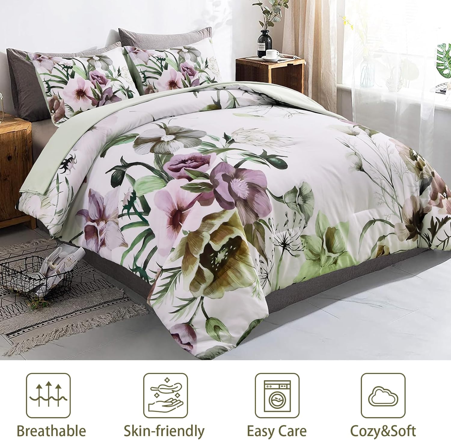 Green Floral Comforter Set – King, 3-Piece