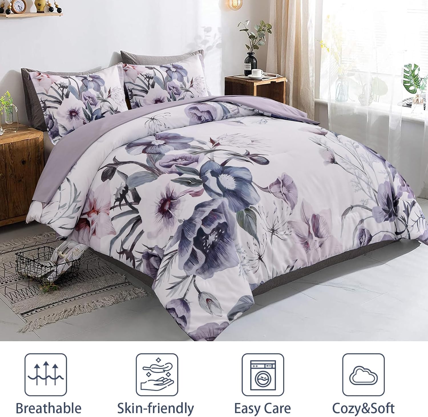 Purple Floral Comforter Set – King, 3-Piece