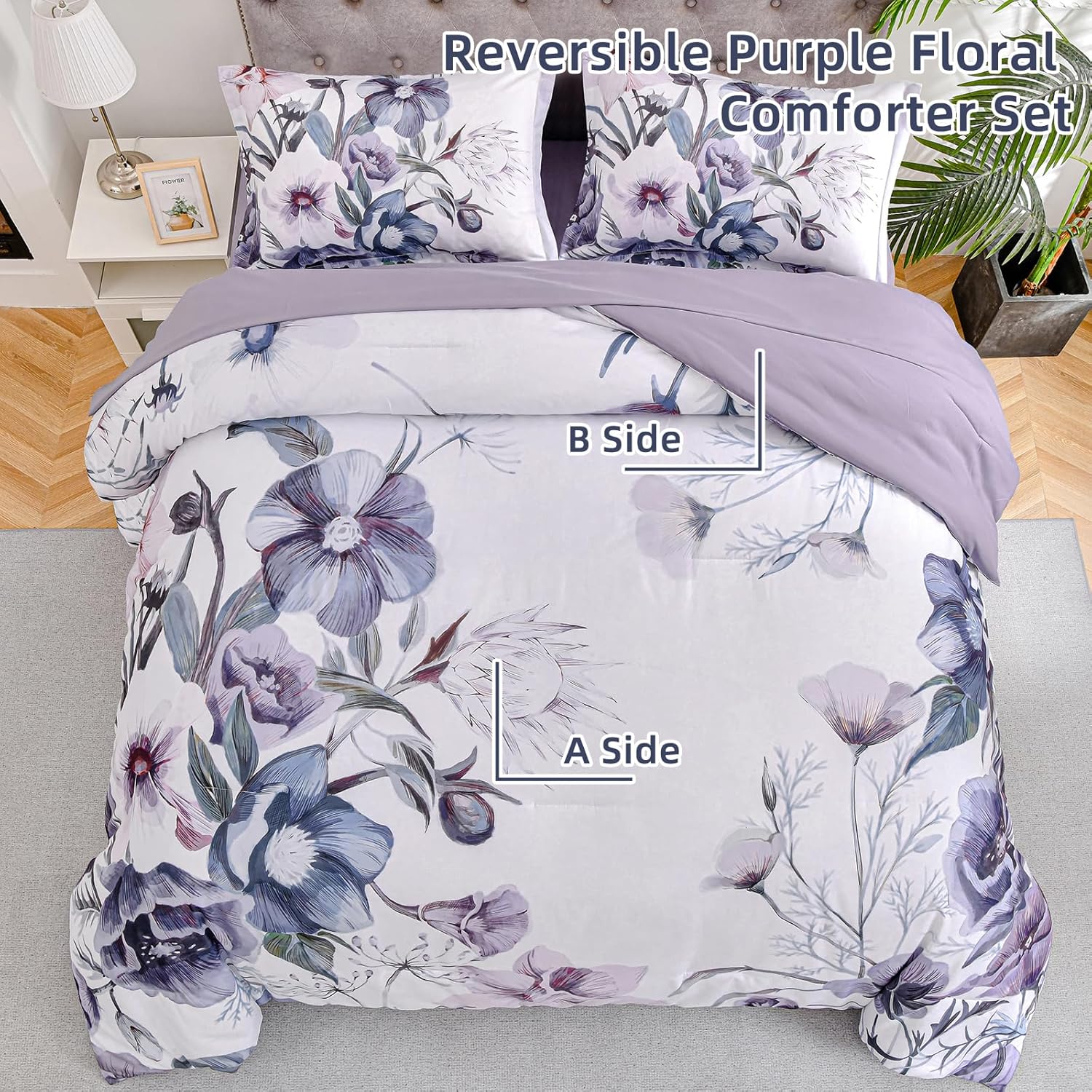 Purple Floral Comforter Set – King, 3-Piece