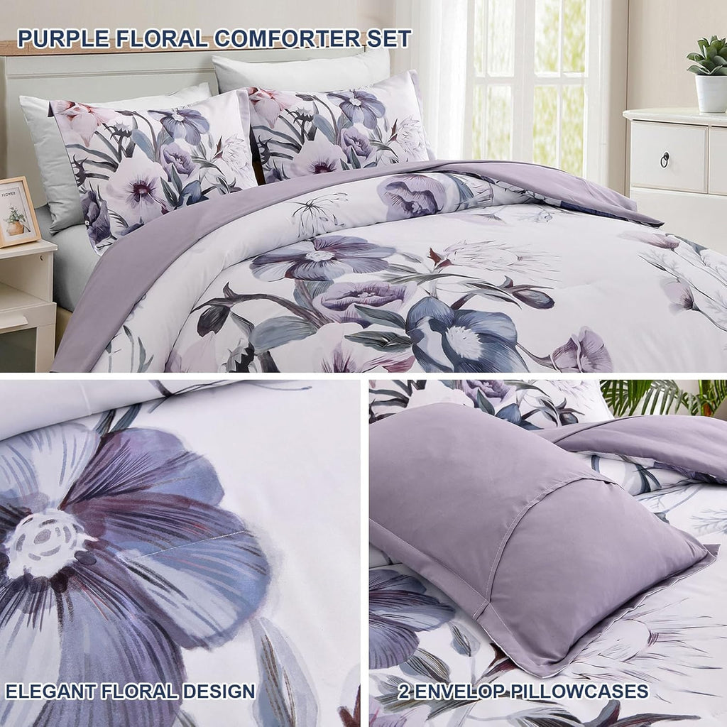 Purple Floral Comforter Set – King, 3-Piece
