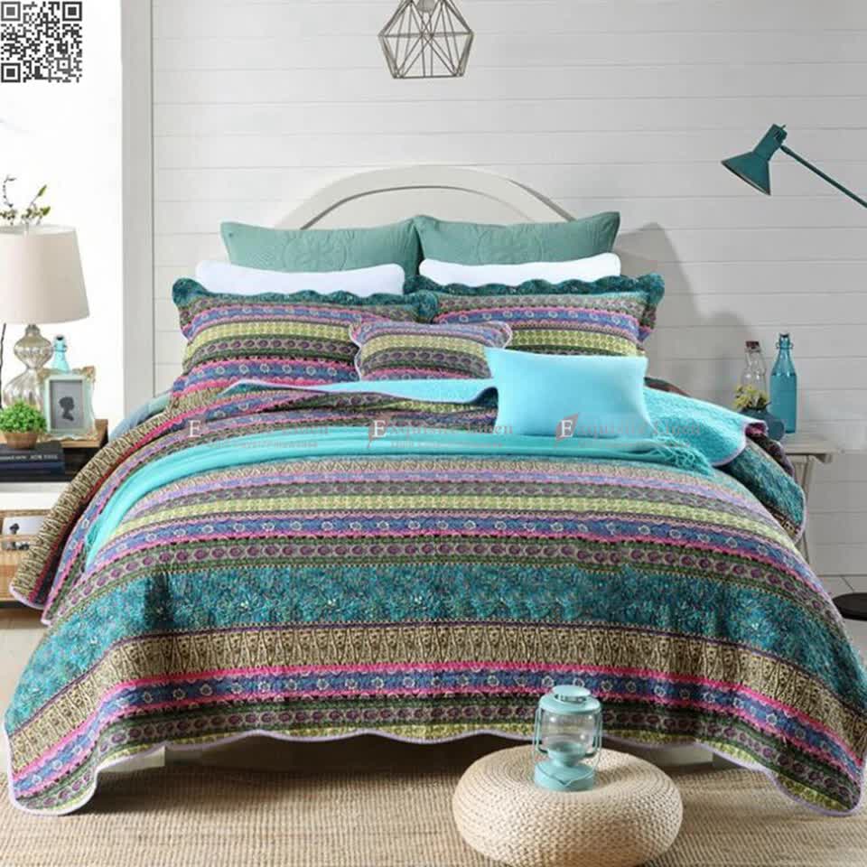 Green Teal Boho 3-Piece Reversible Bedspread Set