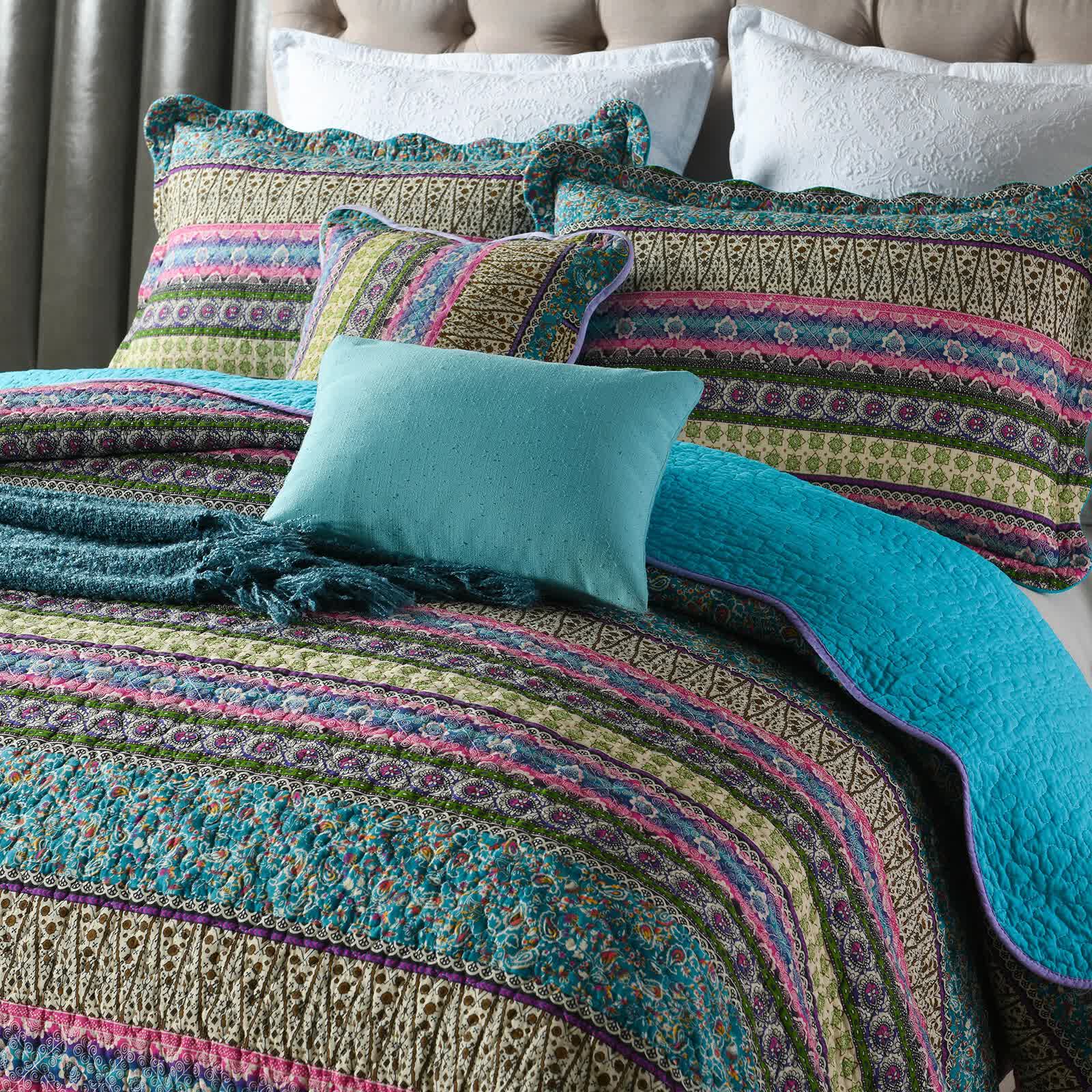 Green Teal Boho 3-Piece Reversible Bedspread Set