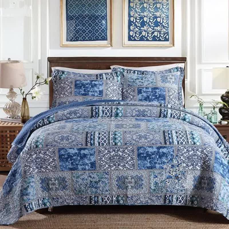 Boho Blue Quilted Bedspread Set – King