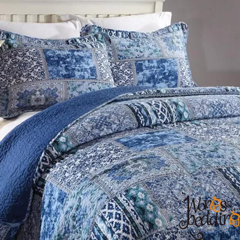Boho Blue Quilted Bedspread Set – King