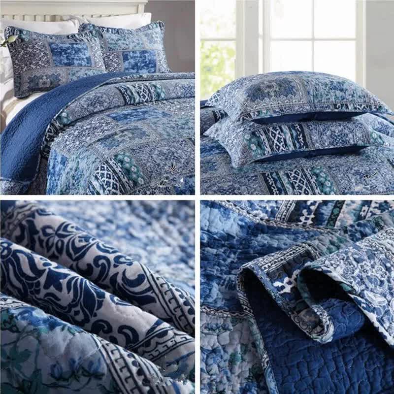 Boho Blue Quilted Bedspread Set – King