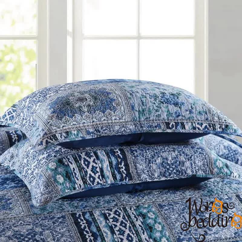 Boho Blue Quilted Bedspread Set – King
