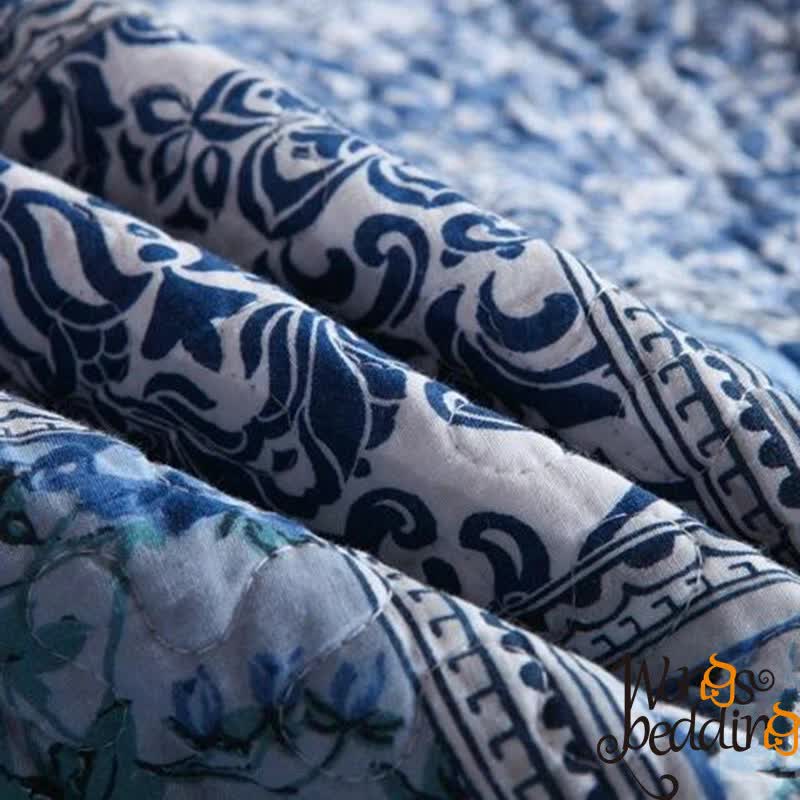 Boho Blue Quilted Bedspread Set – King