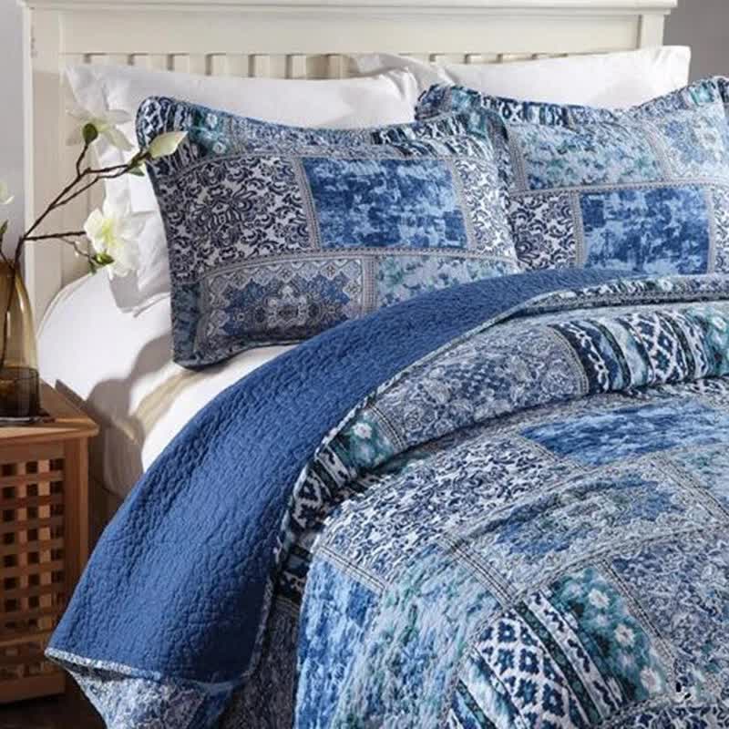 Boho Blue Quilted Bedspread Set – King