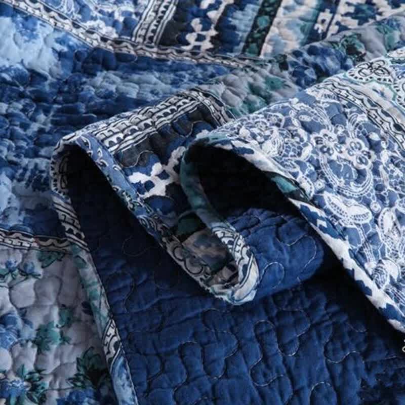 Boho Blue Quilted Bedspread Set – King