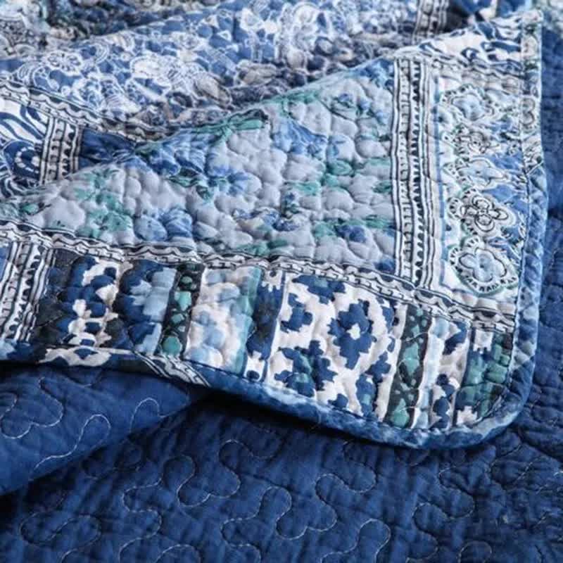 Boho Blue Quilted Bedspread Set – King