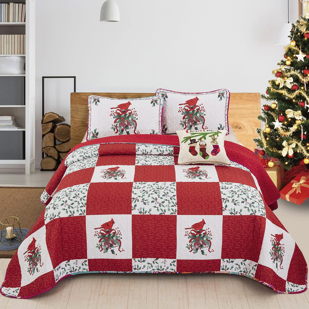 Christmas Quilted Coverlet Set – Red, Green and White, Queen