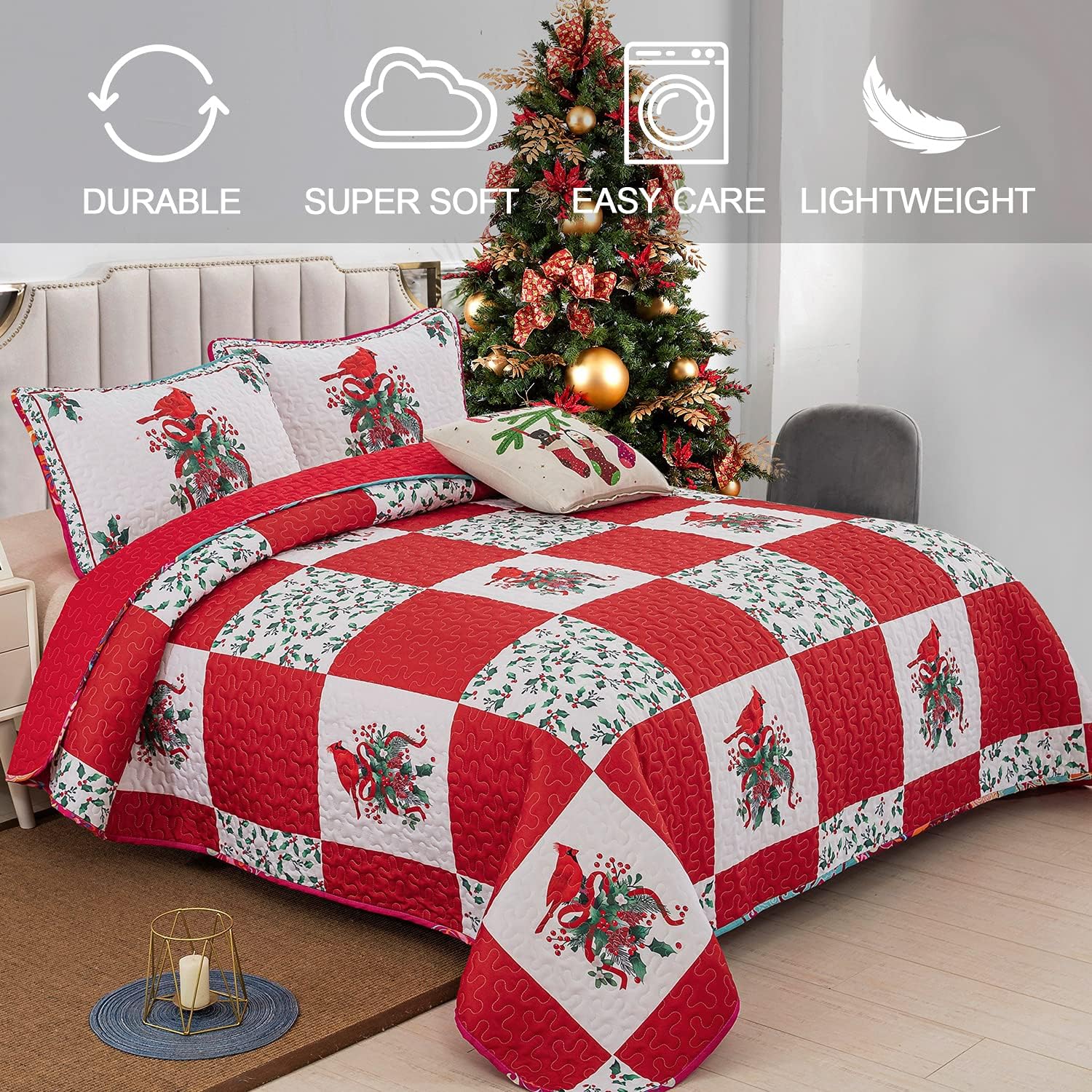 Christmas Quilted Coverlet Set – Red, Green and White, Queen