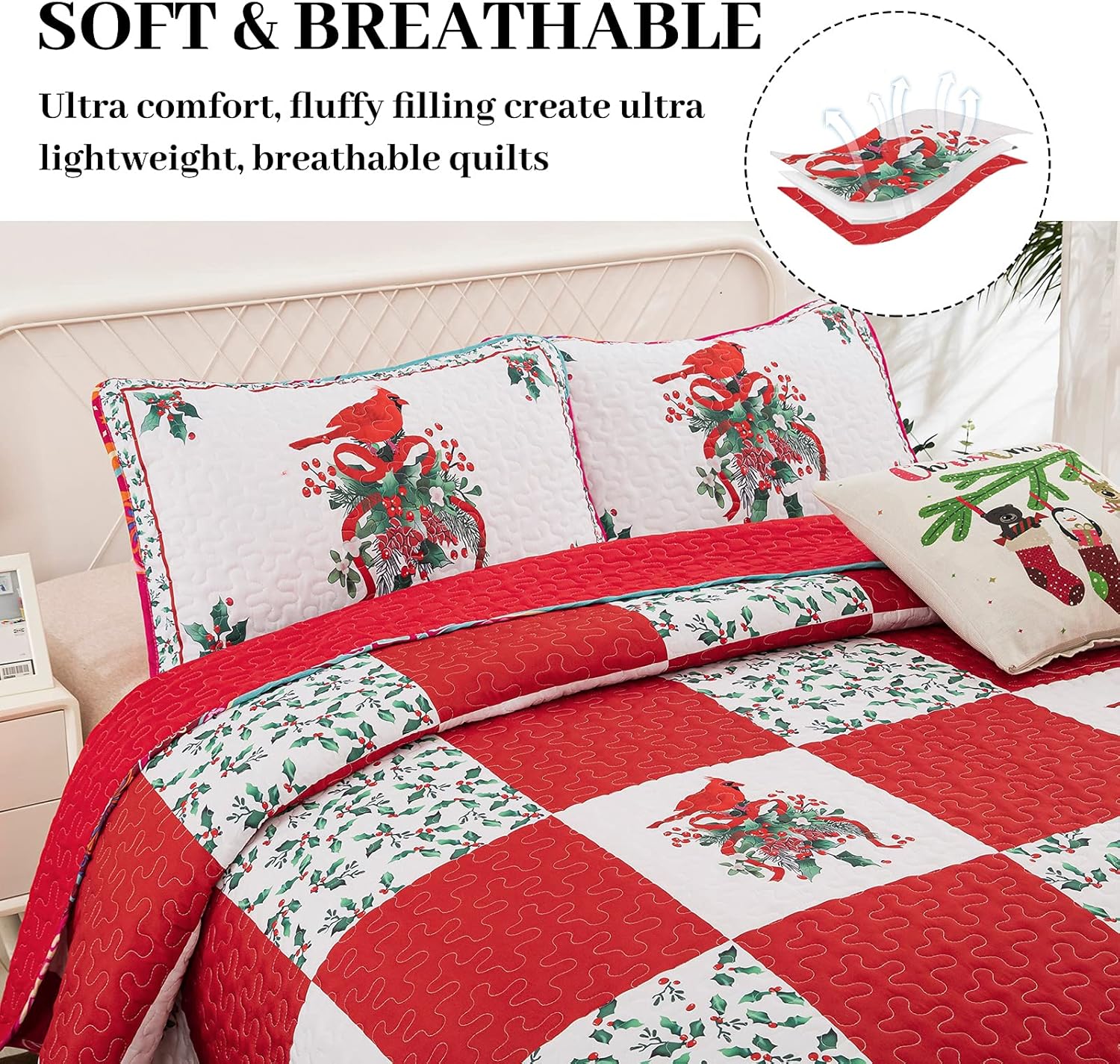 Christmas Quilted Coverlet Set – Red, Green and White, Queen