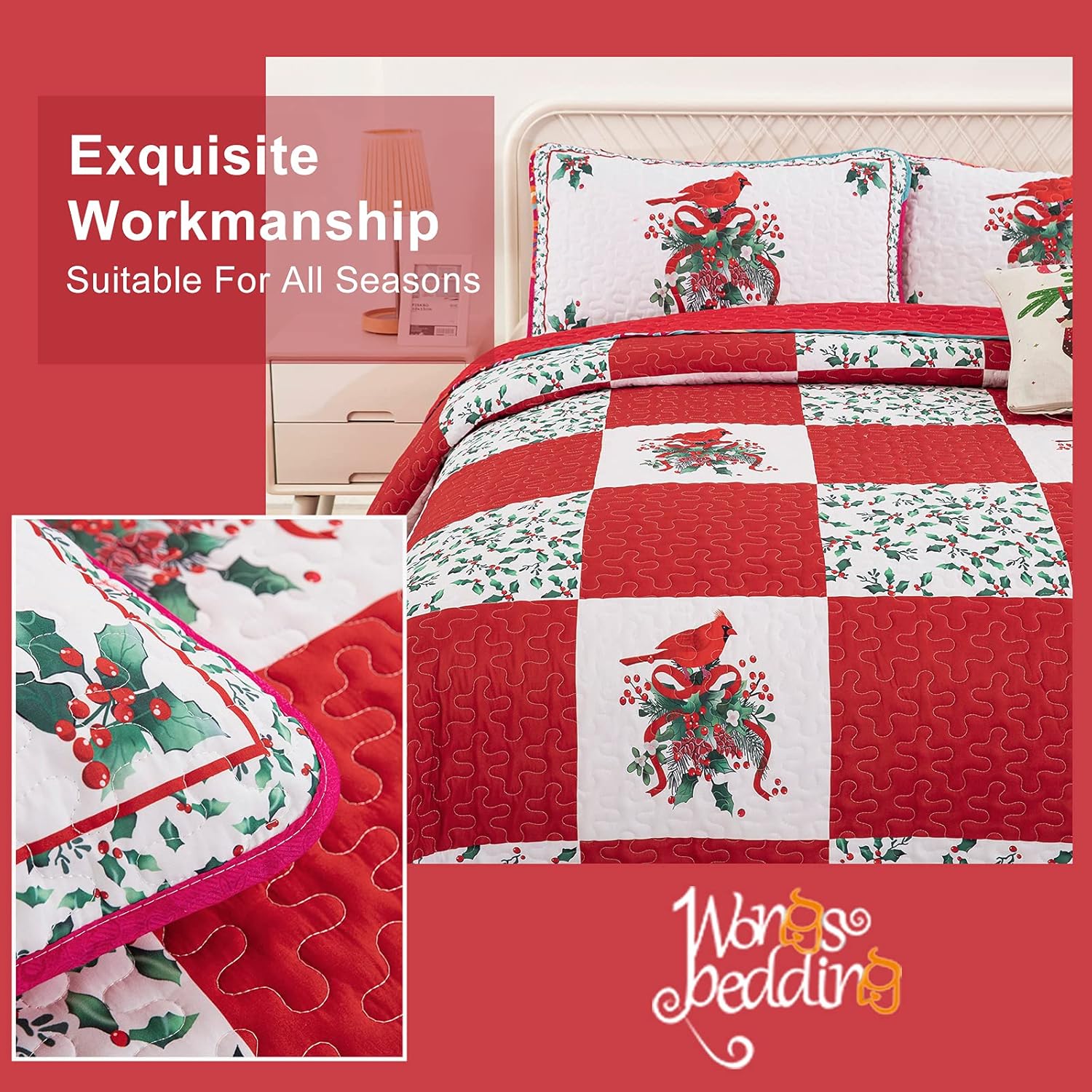 Christmas Quilted Coverlet Set – Red, Green and White, Queen