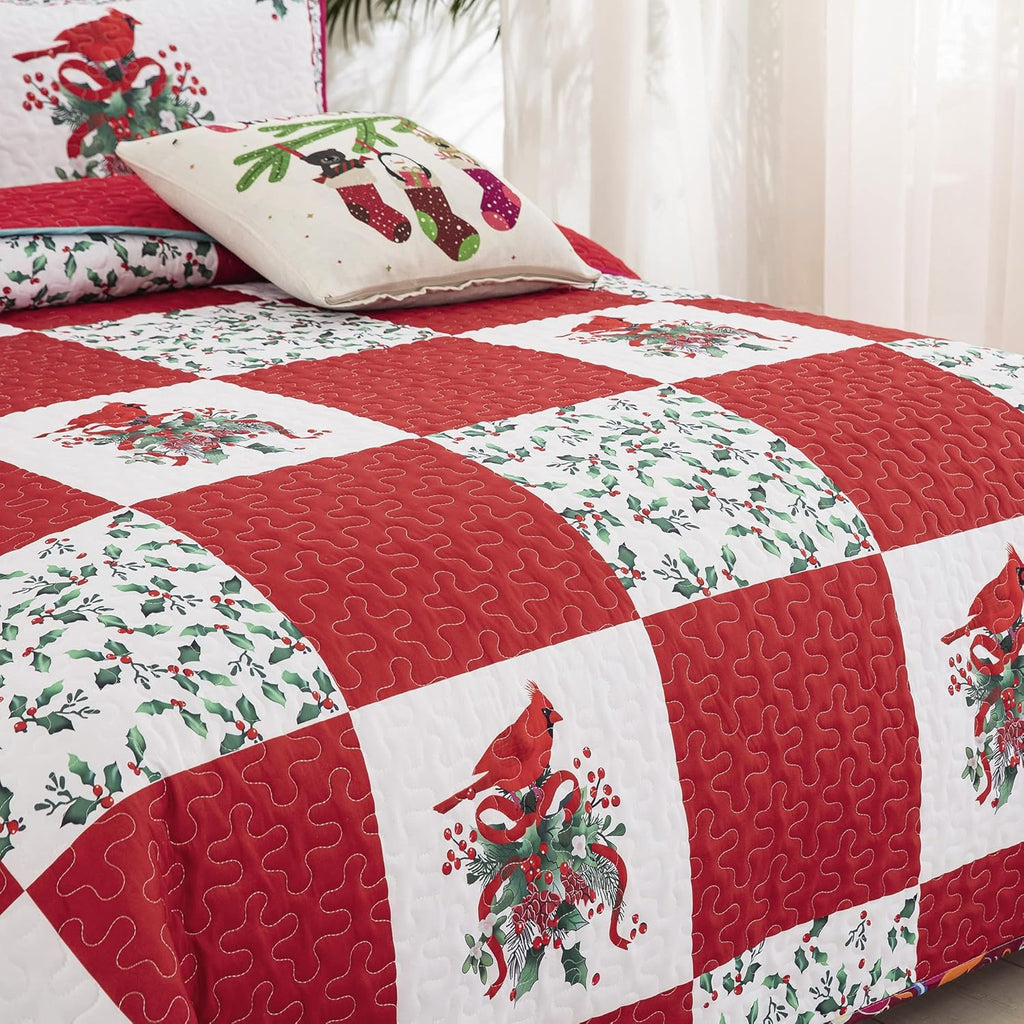Christmas Quilted Coverlet Set – Red, Green and White, Queen