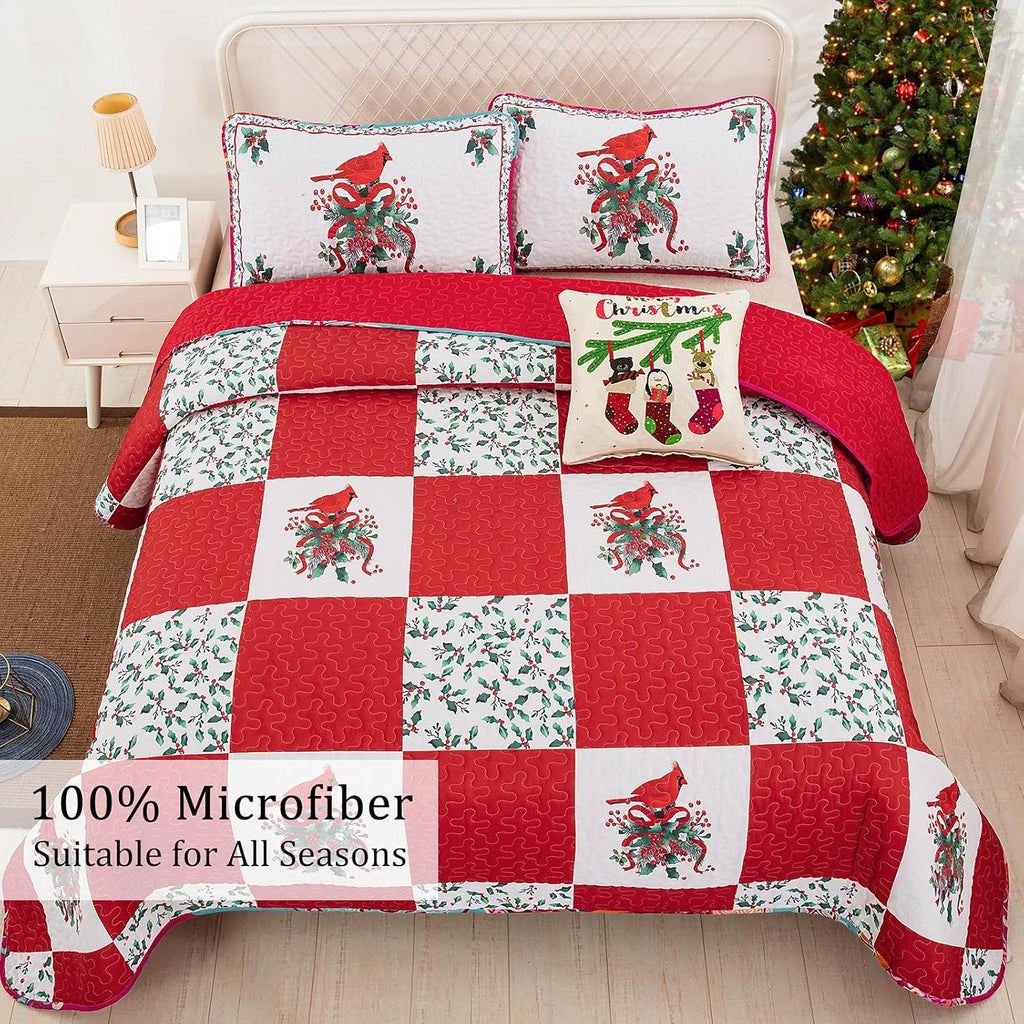 Christmas Quilted Coverlet Set – Red, Green and White, Queen