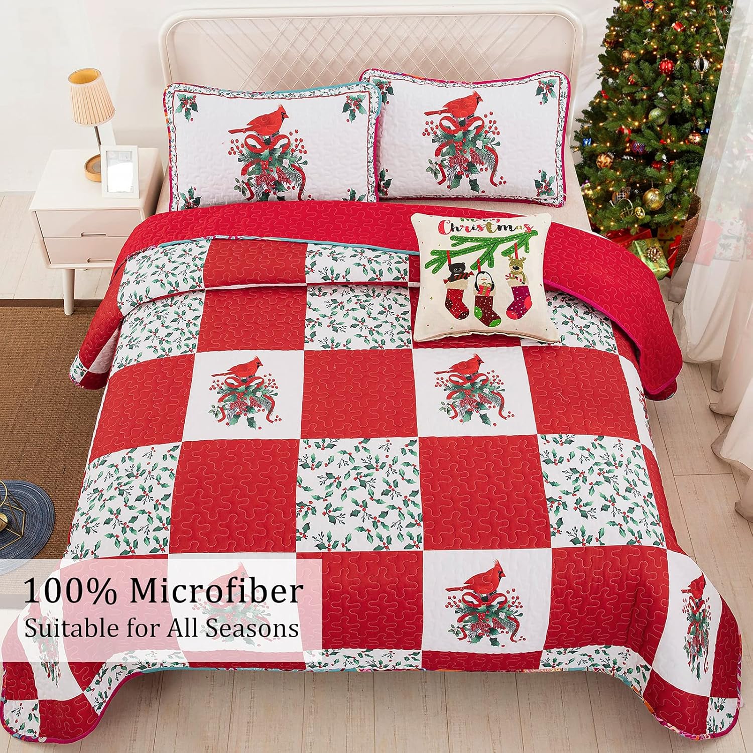 Christmas Quilted Coverlet Set – Red, Green and White, Queen