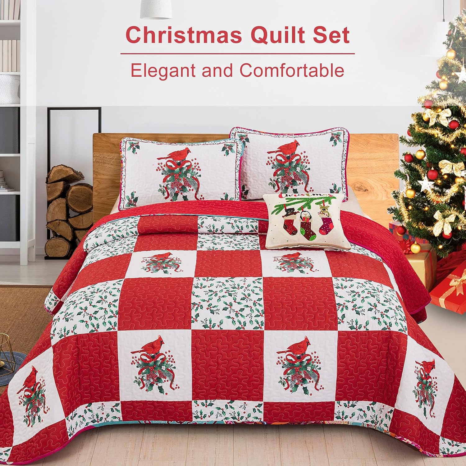 Christmas Quilted Coverlet Set – Red, Green and White, Queen
