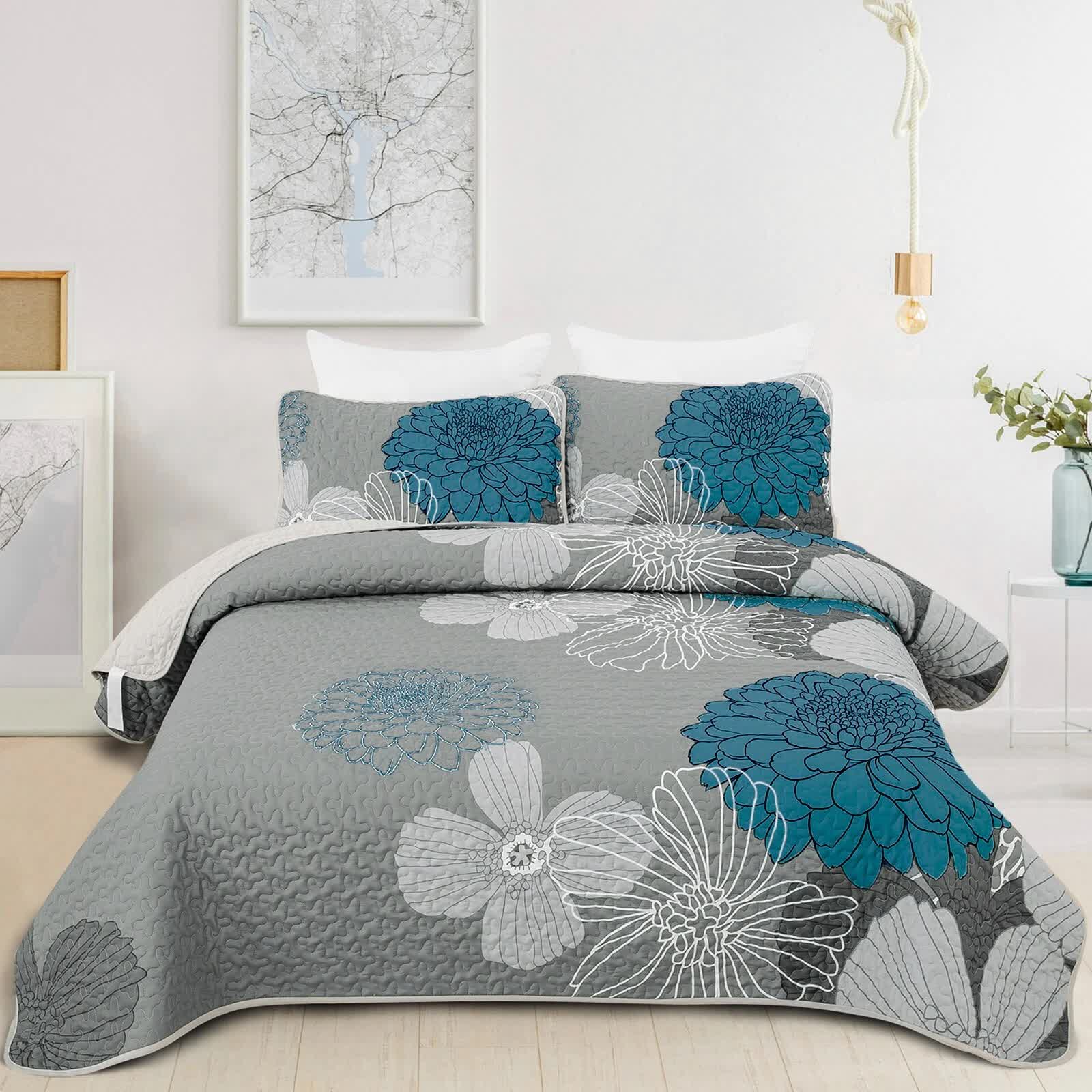 Grey Azure Bloom 3-Piece Reversible Bedspread Set