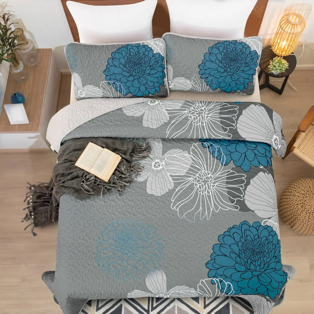 Grey Azure Bloom 3-Piece Reversible Bedspread Set