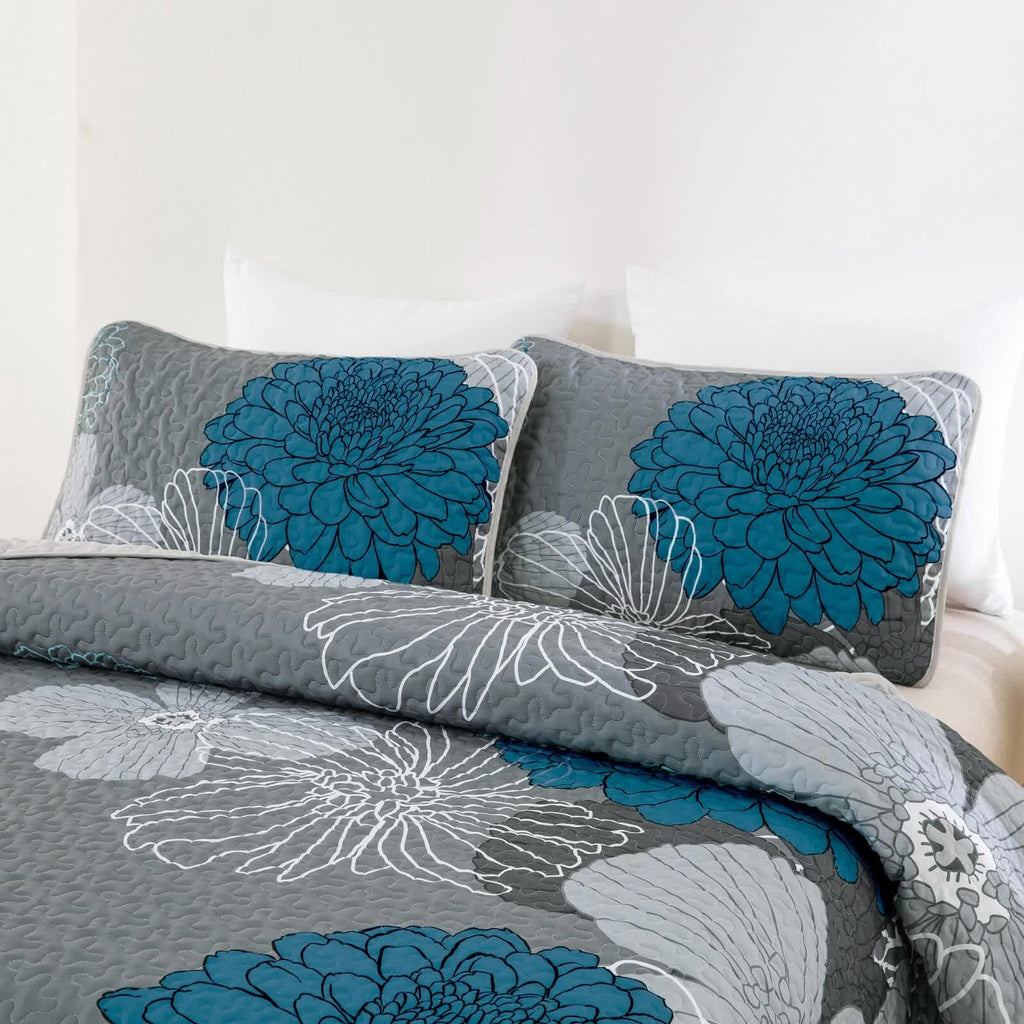 Grey Azure Bloom 3-Piece Reversible Bedspread Set