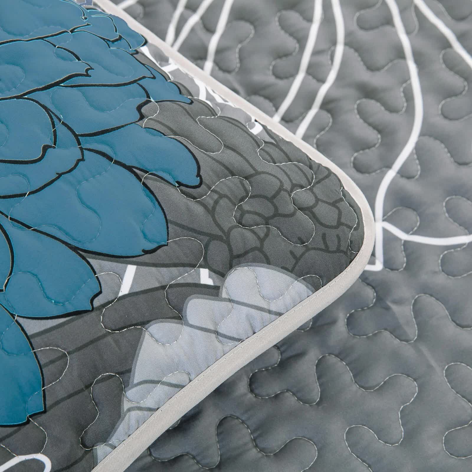 Grey Azure Bloom 3-Piece Reversible Bedspread Set