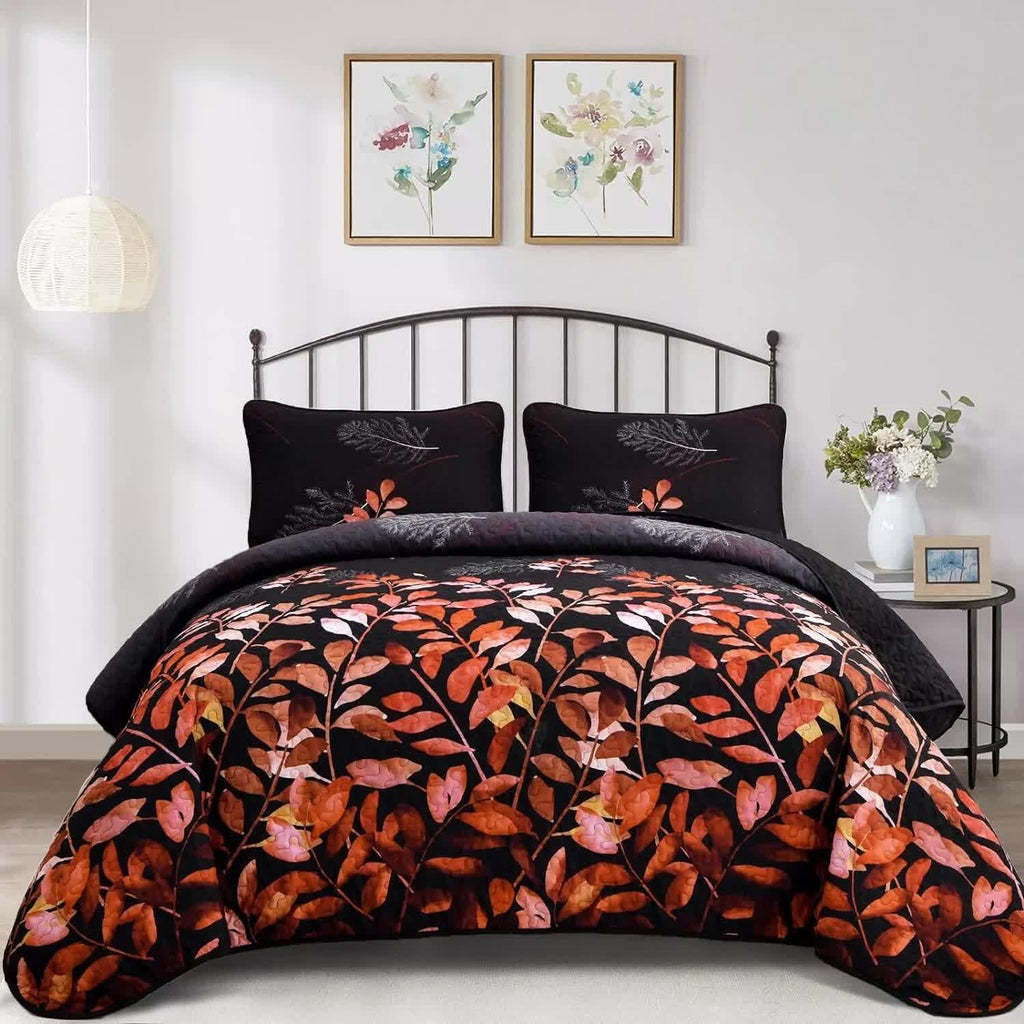 Black and Red Leaves Quilted Coverlet Set