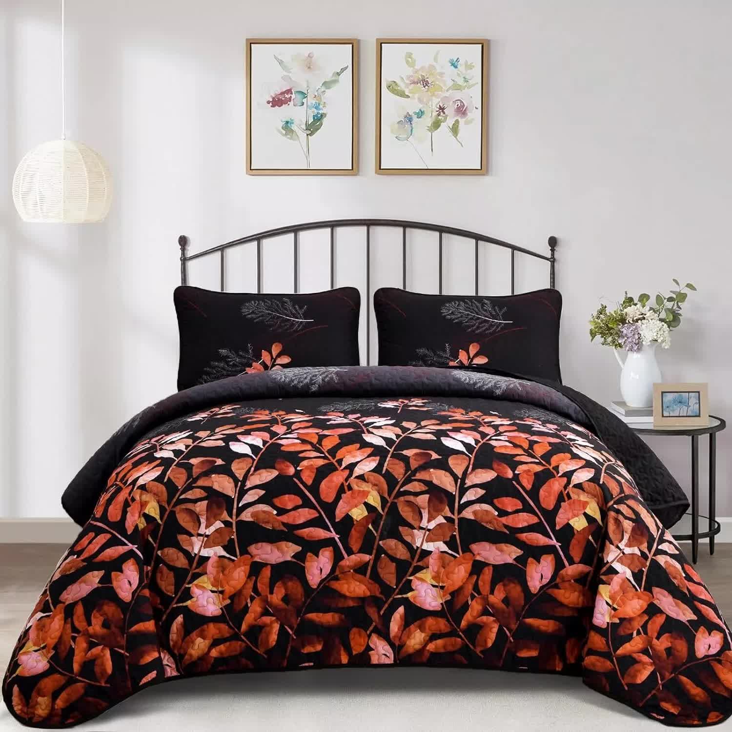 Black and Red Leaves Quilted Coverlet Set