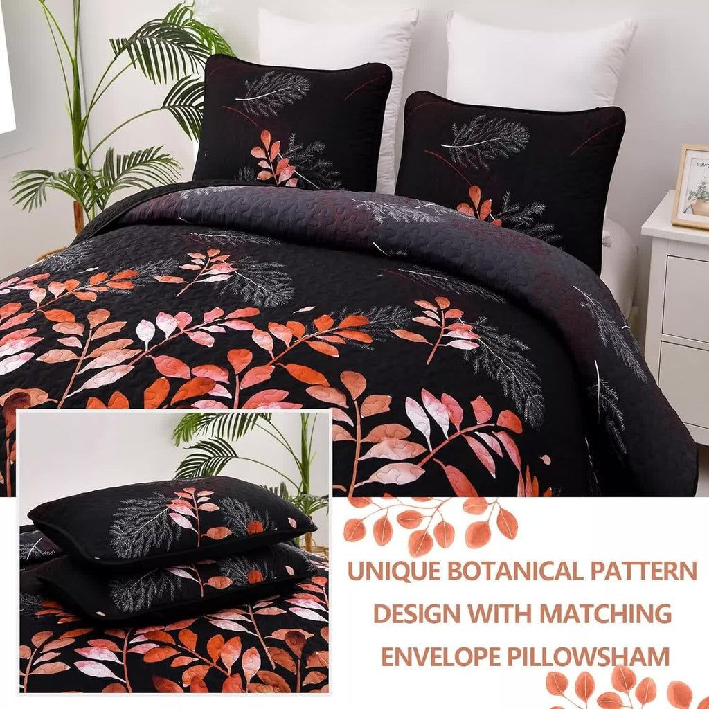 Black and Red Leaves Quilted Coverlet Set