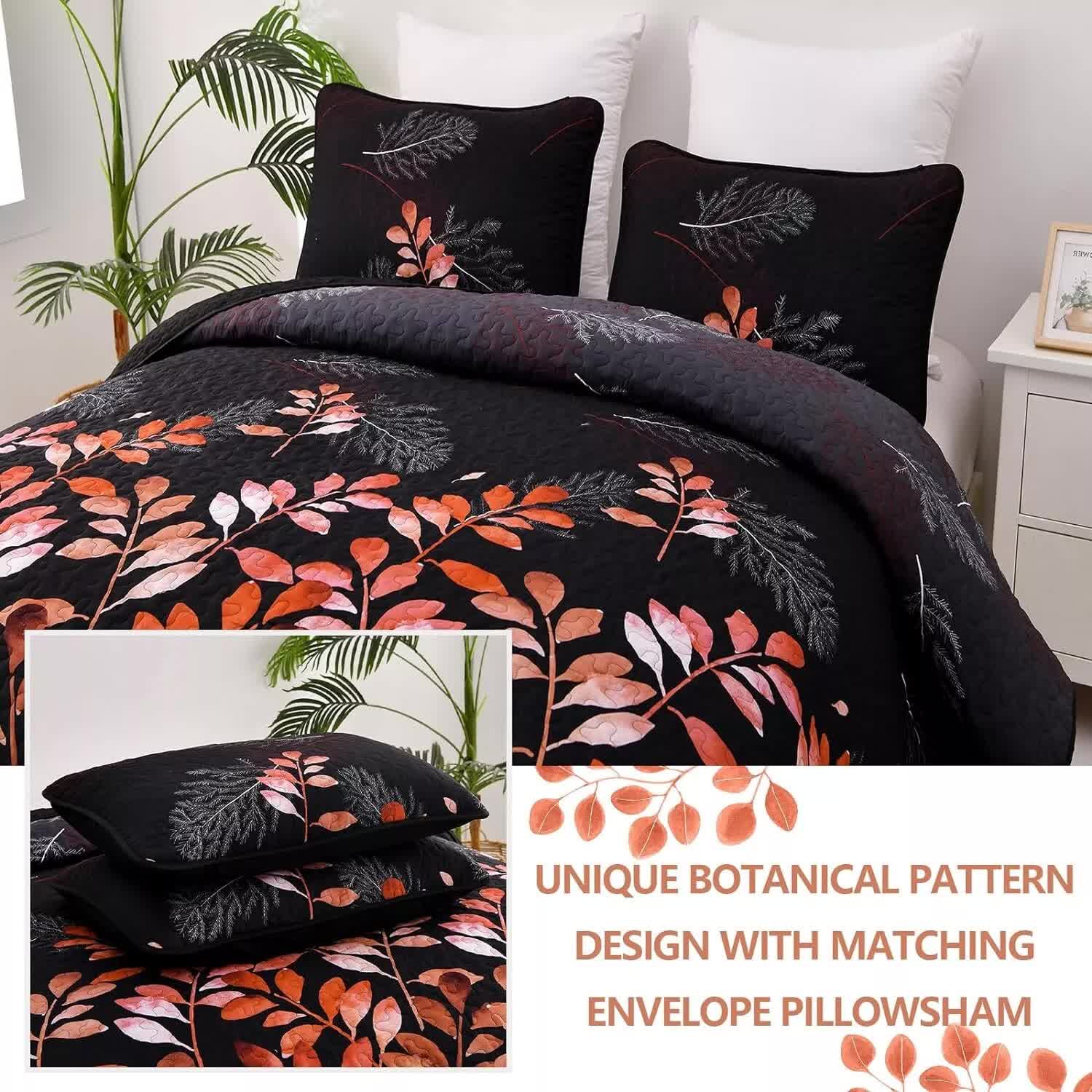 Black and Red Leaves Quilted Coverlet Set