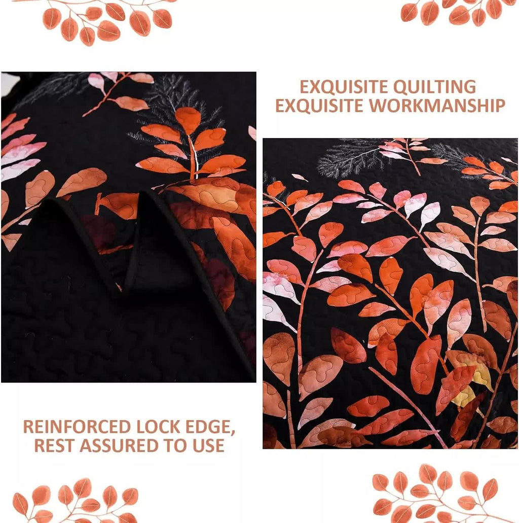 Black and Red Leaves Quilted Coverlet Set