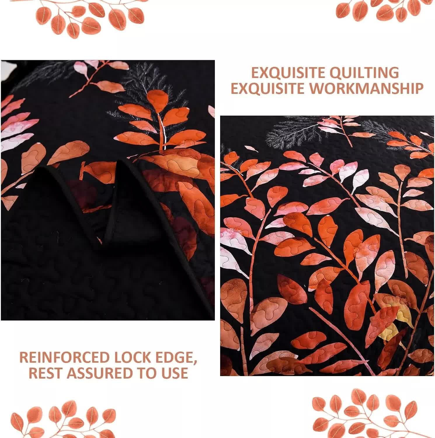 Black and Red Leaves Quilted Coverlet Set