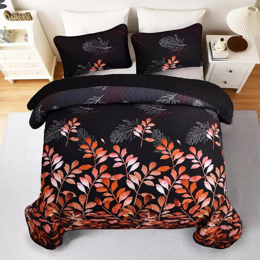 Black and Red Leaves Quilted Coverlet Set