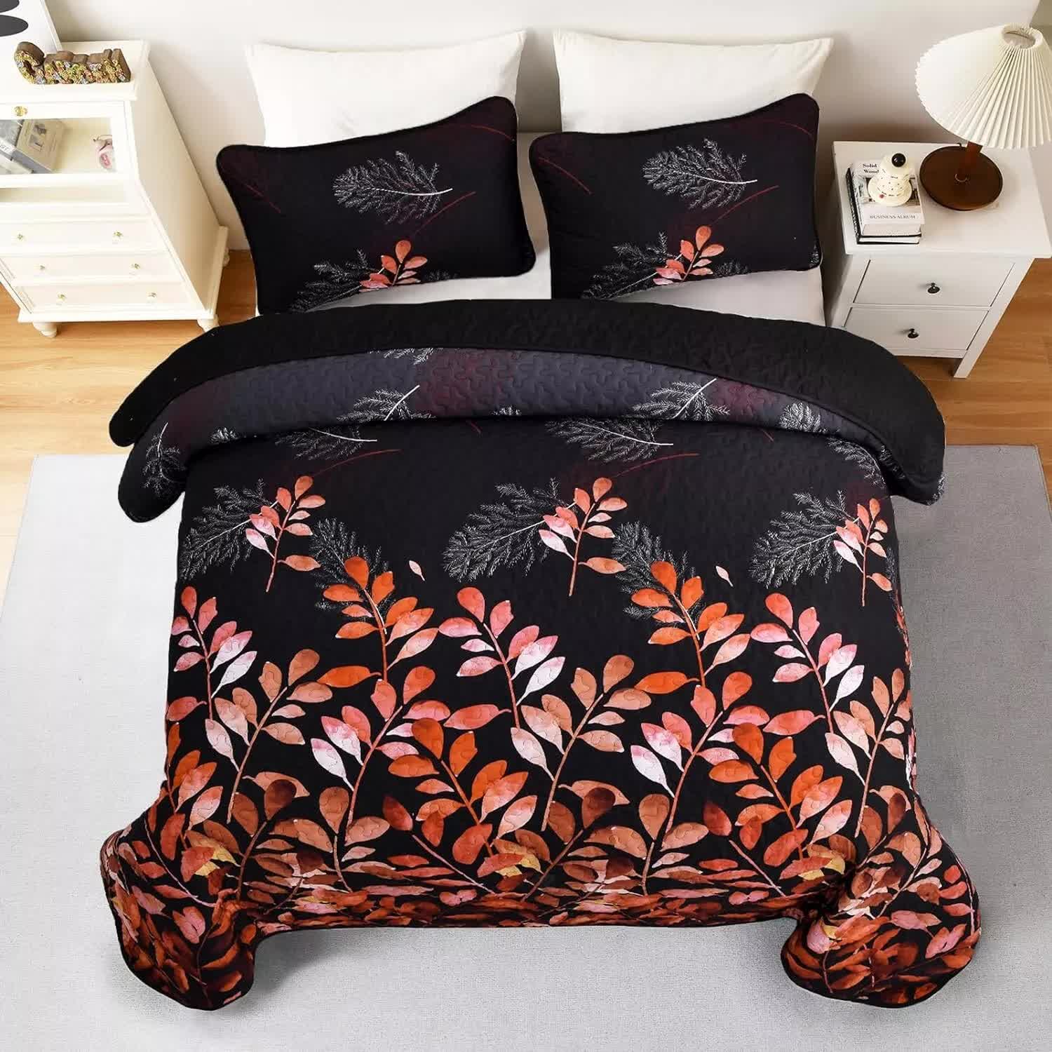 Black and Red Leaves Quilted Coverlet Set