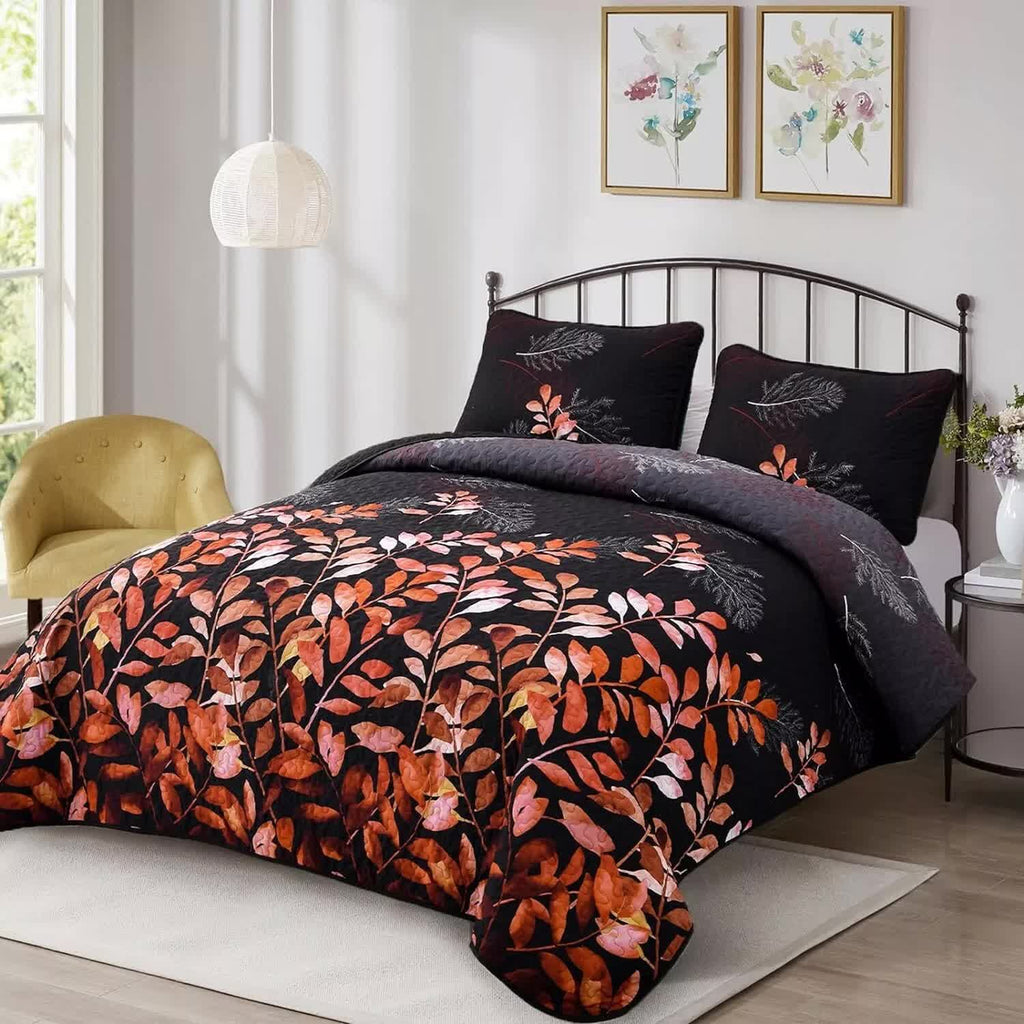 Black and Red Leaves Quilted Coverlet Set