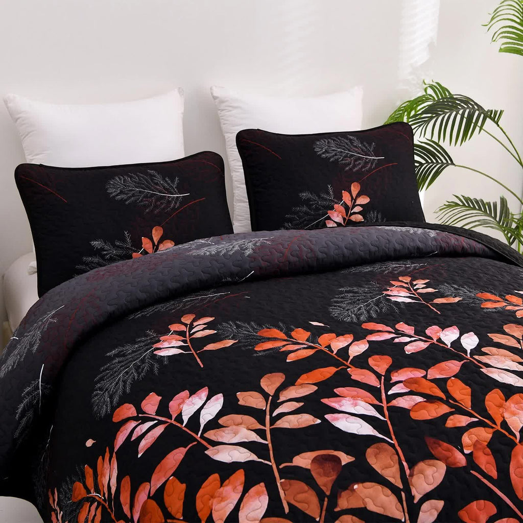 Black and Red Leaves Quilted Coverlet Set