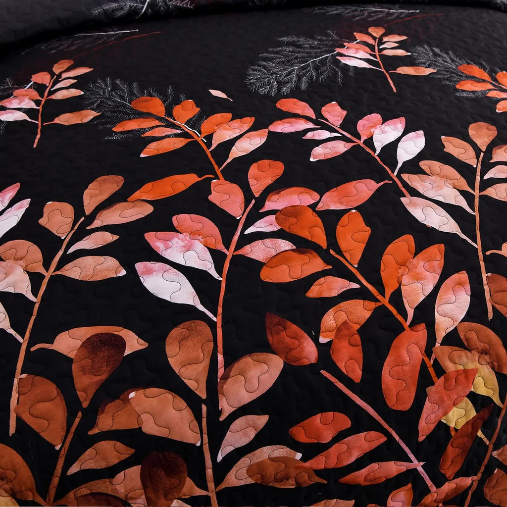 Black and Red Leaves Quilted Coverlet Set