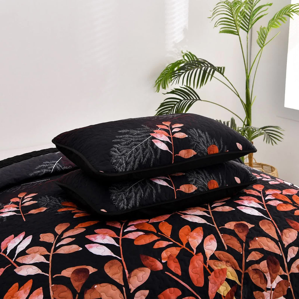 Black and Red Leaves Quilted Coverlet Set