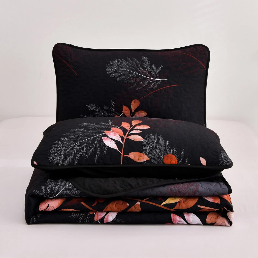 Black and Red Leaves Quilted Coverlet Set