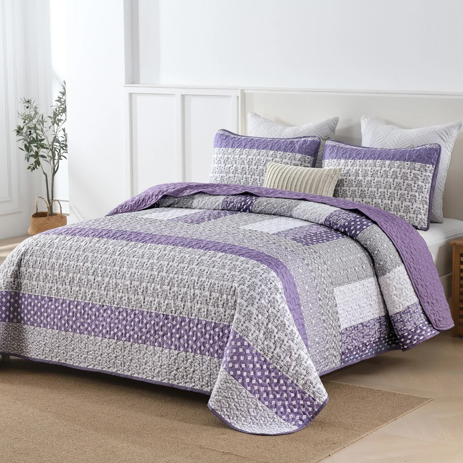Bohemian Purple and White Quilted Coverlet Set