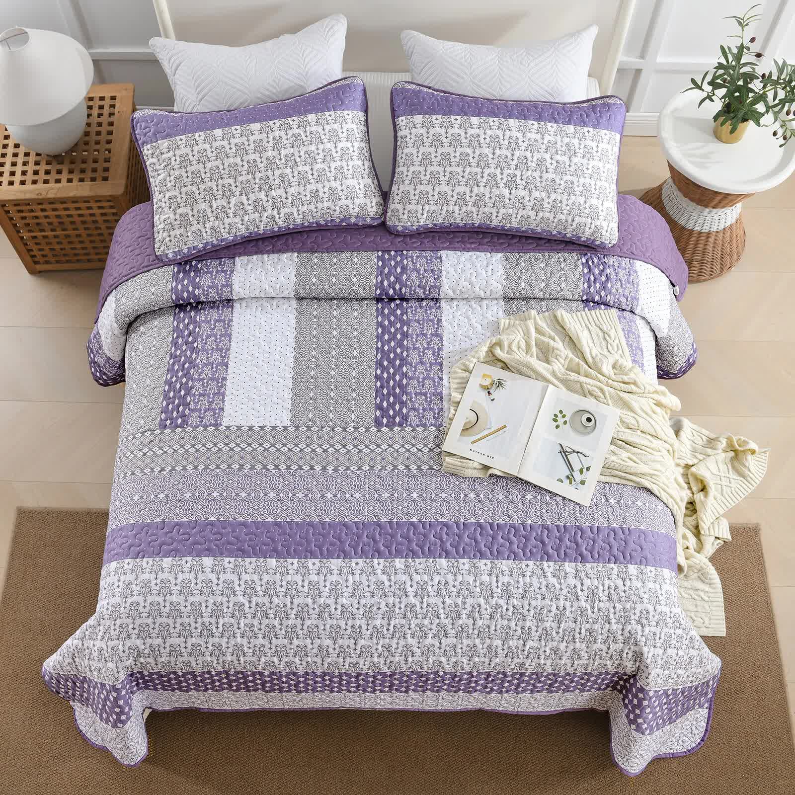 Bohemian Purple and White Quilted Coverlet Set